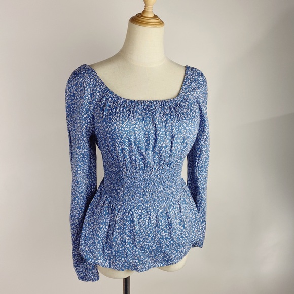 Japna Tops - JAPNA Smocked Square Neck Blue Floral Prairie Top Womens Medium